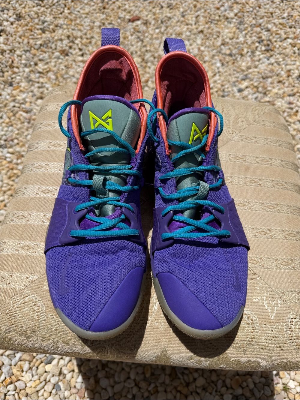 Nike Purple Basketball Sneakers with Teal Laces and Neon Yellow Swoosh
